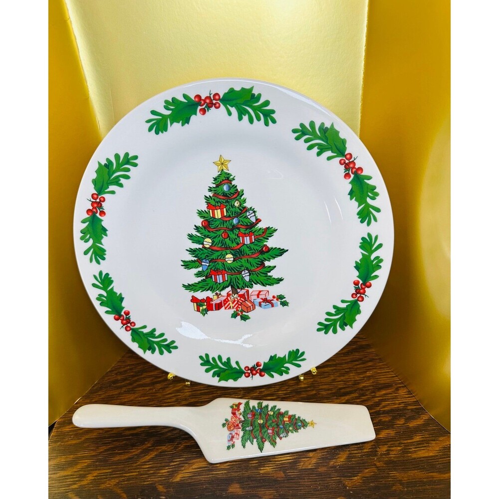 Vintage Christmas Tree Serving Set - 10.5" Platter & Matching Cake